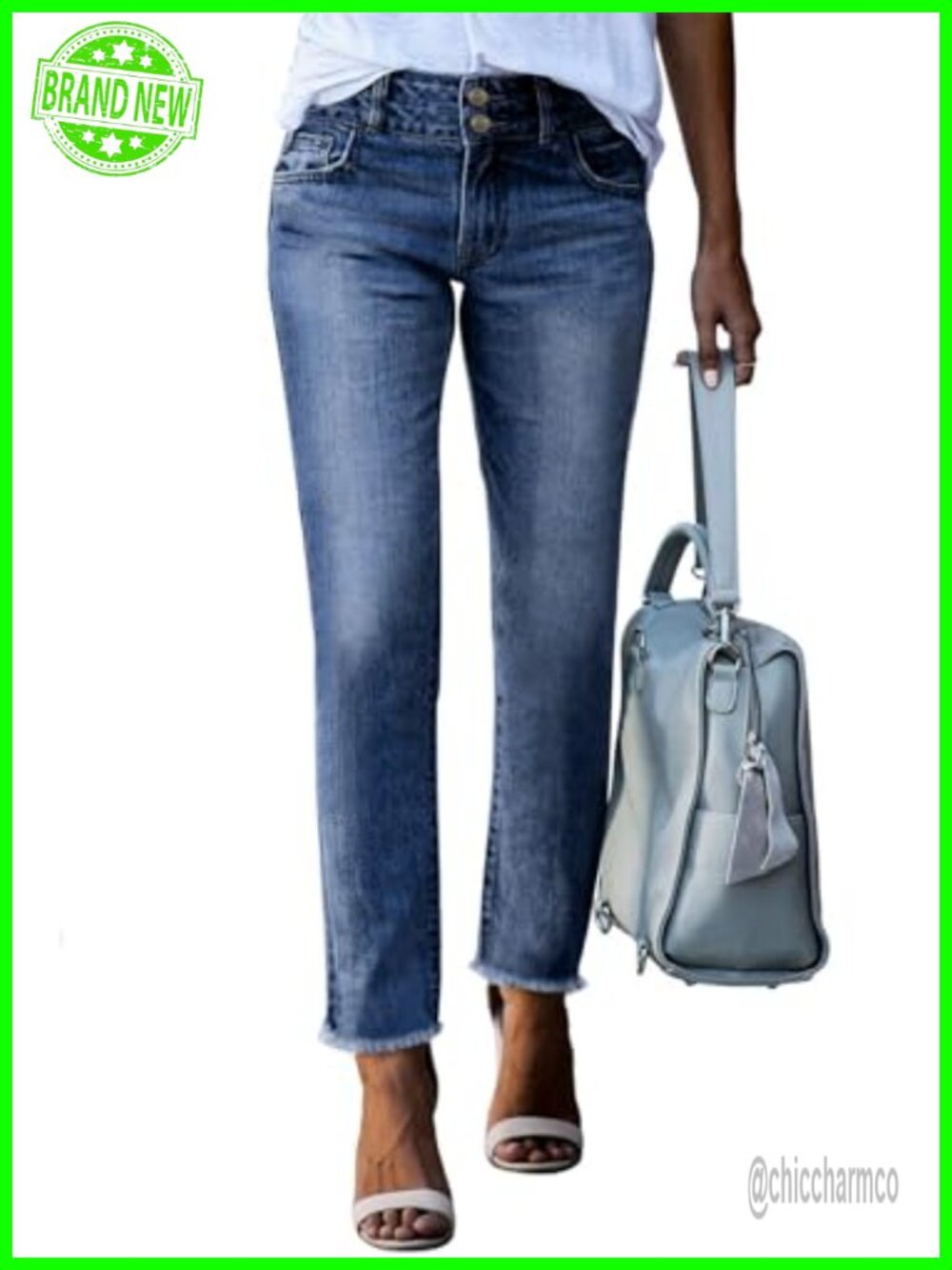 High Waisted Raw Hem Straight Leg Jeans Tummy Control